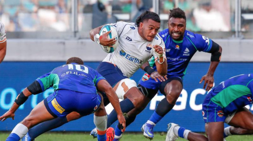 Solomone Funaki playing for Moana Pasifika against the Fiji Drua