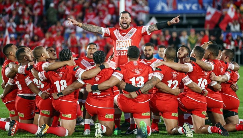 Andrew Fifita leads the Tongan sipi tau in the 2019 Tonga Invitational vs Australia test match at Mt Smart Stadium