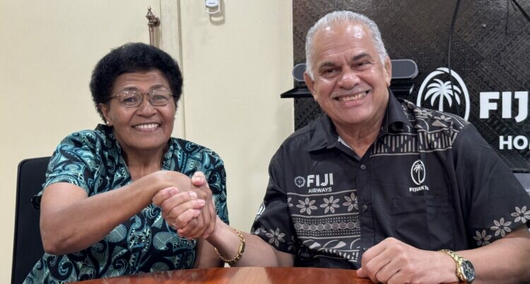 From left: Newly appointed Rugby Director Laijipa Naulivou is welcomed by Fiji Rugby Union board chairman John Sanday at the FRU boardroom in Suva on February 1, 2025. Photo: Asenaca Ratu