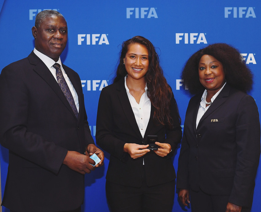 Credit - FIFA Media. Left: Anin Yeboah (Chairman of FIFA DISCIPLINARY COMMITTEE and A Justice of Supreme Court of Ghana). Centre: Talissa Koteka. Right: Fatma Samoura (FIFA Secretary General - and first female SG too)