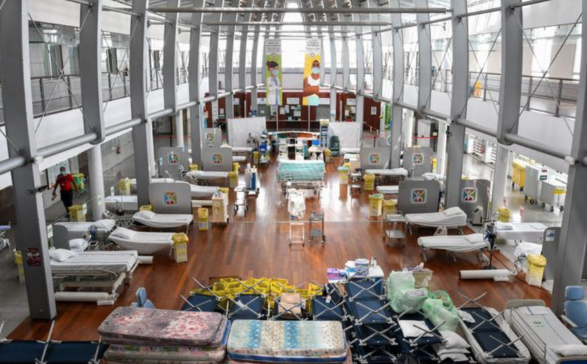 Extra beds in the hall of the Taaone Hospital in Papeete.