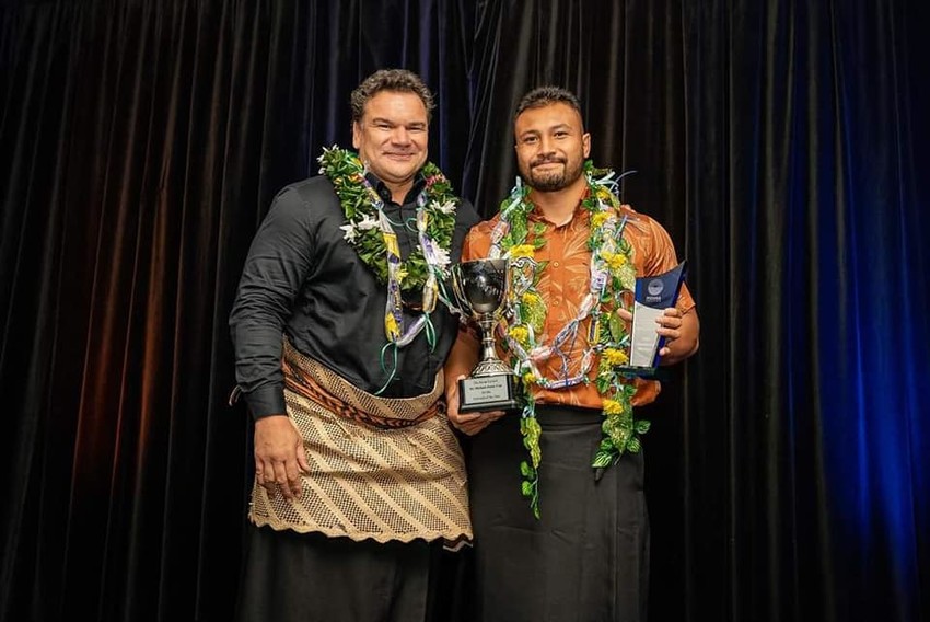 Alamanda receiving his awards at the Moana Pasifika prizegiving night