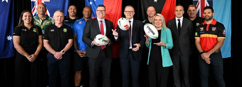 Rugby league leaders and the Australian Prime Minister launching the Pacific Championships. Picture from nrl.com