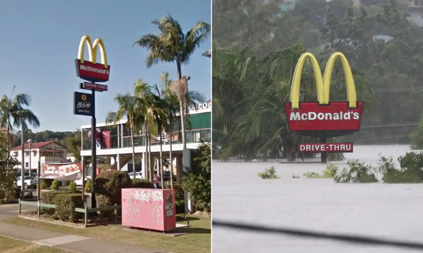 Lismore McDonald's before and during the floods. Composite: Jason O'Brien/Google Maps/AAP