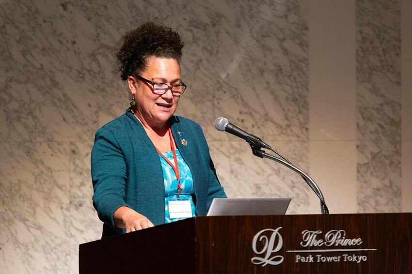 Elizabeth Wright-Koteka, Secretary of Infrastructure Cook Islands and Deputy Chair of PWWA speaking at the Pacific Islands Leaders Meeting in July of this year. Pc: PWWA Facebook