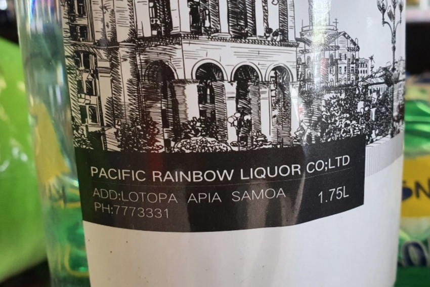 This is the only labeling on a Rover Vodka bottle. No contents or % alcohol volume. Photo credit: Samoa Global News