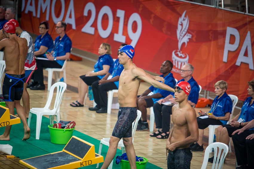 Brandon competing in the 400m medley - one of the races he won Gold at the 2019 Pacific Games