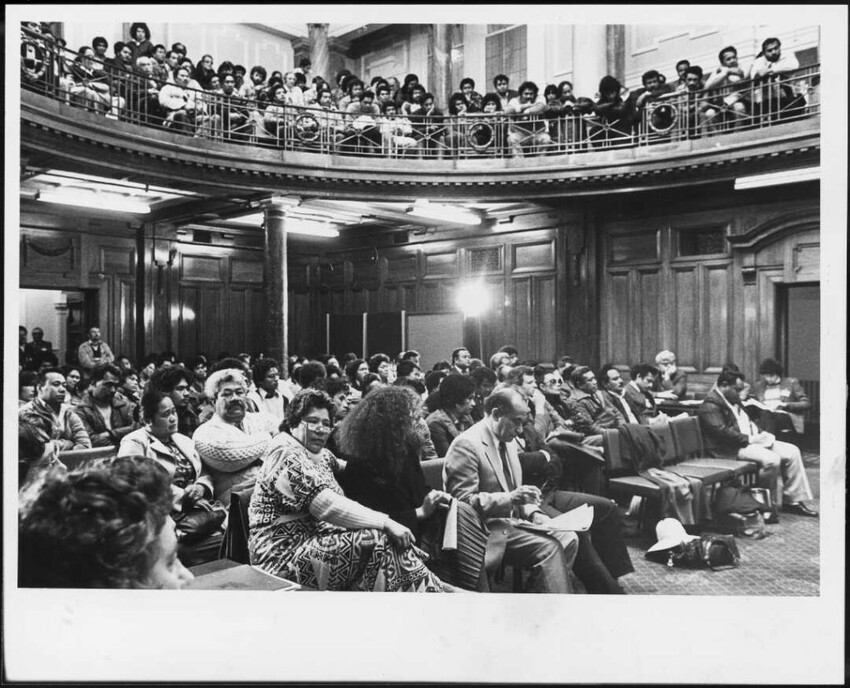 Members of the Sāmoan community during proceedings on the Citizenship (Western Sāmoa) Bill on August 31, 1982. (Photo: Gail Jordan, The Dominion Post Collection, Alexander Turnbull Library)