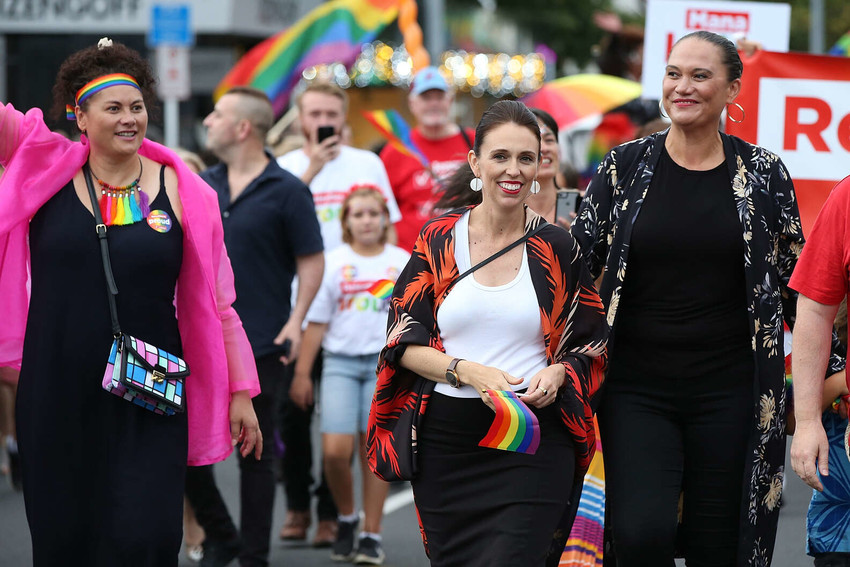 PM Jacinda Ardern alongside Louisa Wall and Carmel Sepuloni at Pride (PC: Getty Images)