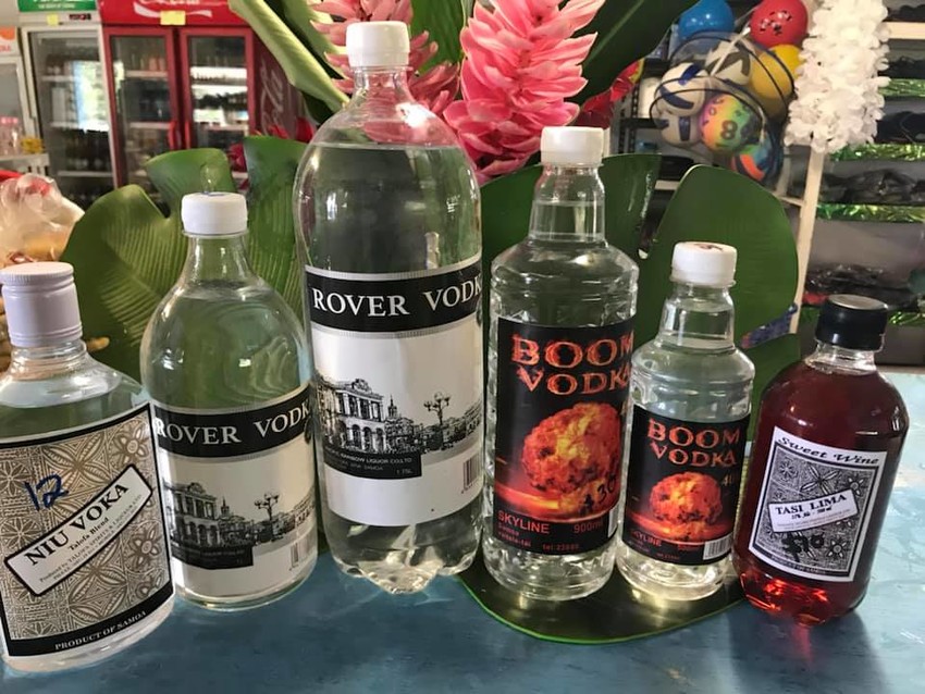 A lineup of locally produced alcohol sold in a minimart in Savai'i