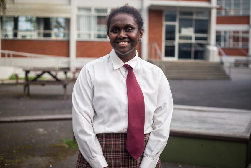 Elsie on set of Hiama in her Vani's uniform