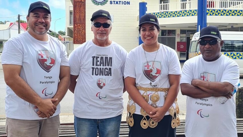 Photo of team Tonga: Meleane Vasitai Leaaepeni Falemaka, team Tonga’s sole athelete, alongside members of the Tonga National Paralympic Committee. Pc: Tonga National Paralympic Committee Facebook